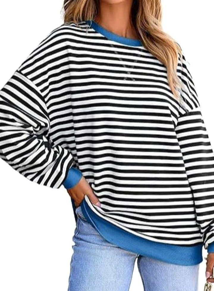 Women's Relaxed-Fit Striped Contrast-Trim Long-Sleeve Sweatshirt - White Striped