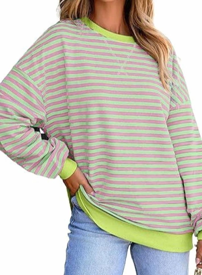 Women's Relaxed-Fit Striped Contrast-Trim Long-Sleeve Sweatshirt - Pink Striped