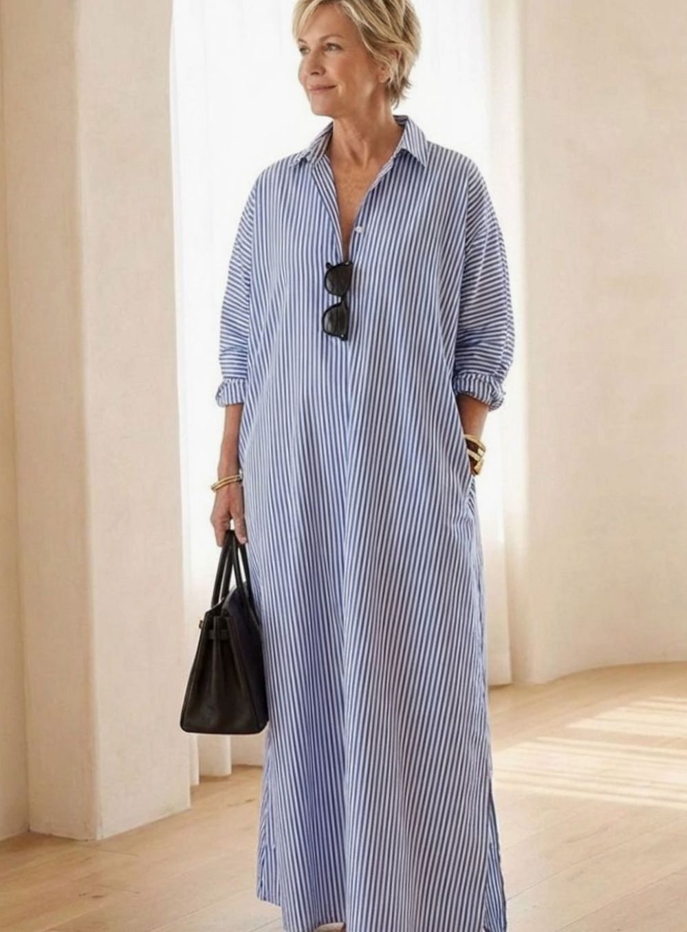 Women's Relaxed-Fit Striped Cotton Maxi Shirt Day Dress