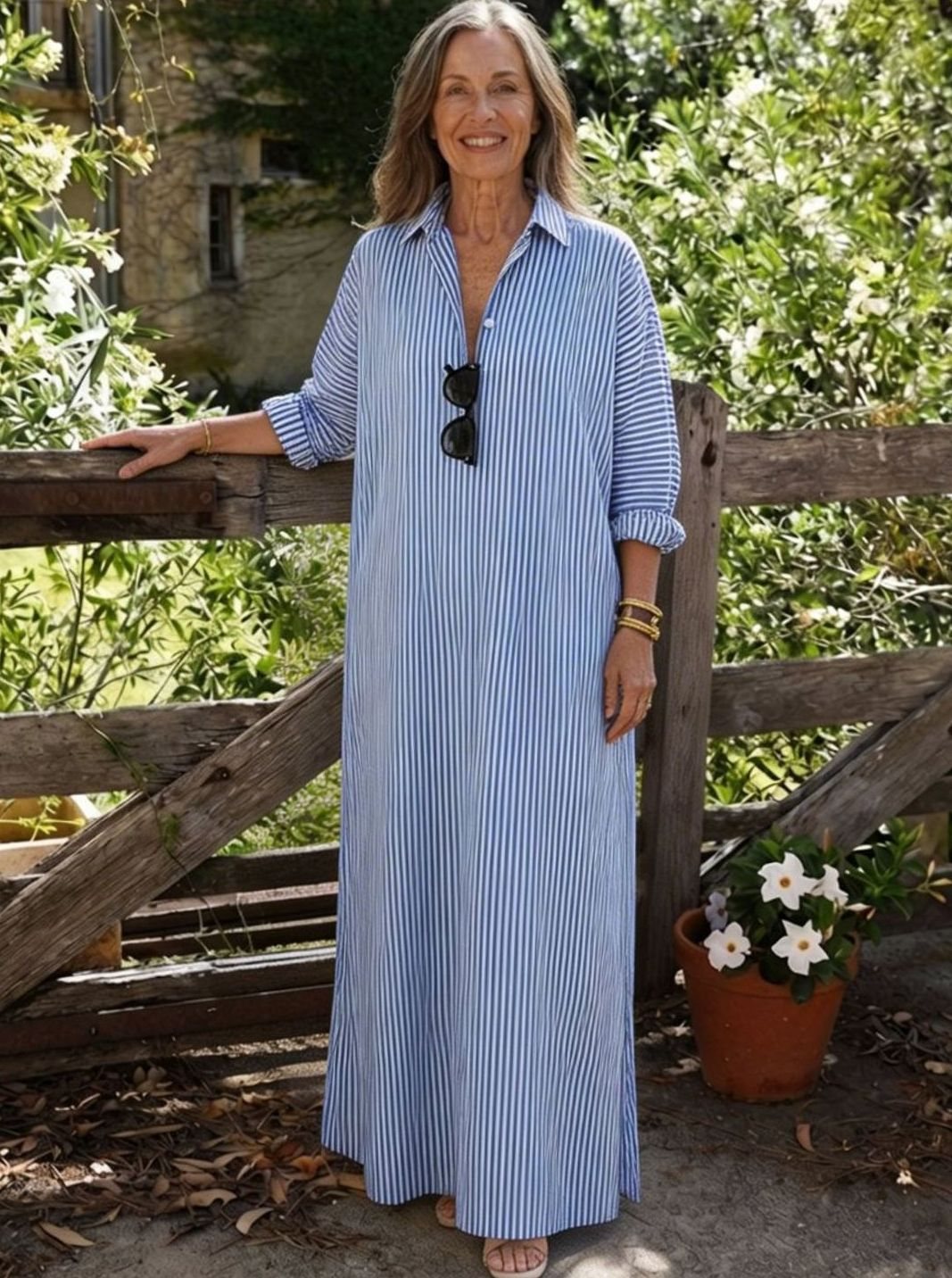 Women's Relaxed-Fit Striped Cotton Maxi Shirt Day Dress
