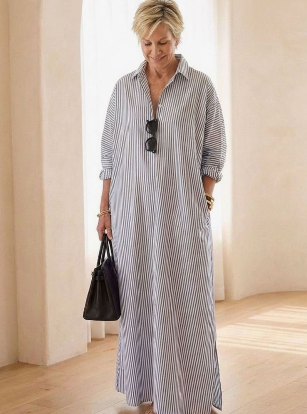 Women's Relaxed-Fit Striped Cotton Maxi Shirt Day Dress