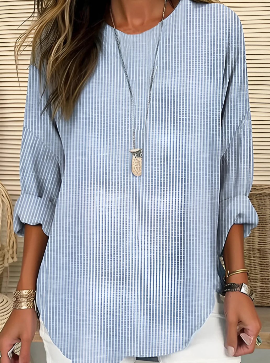 Women's Relaxed-Fit Striped Round-Neck Long-Sleeve Blouse - Blue