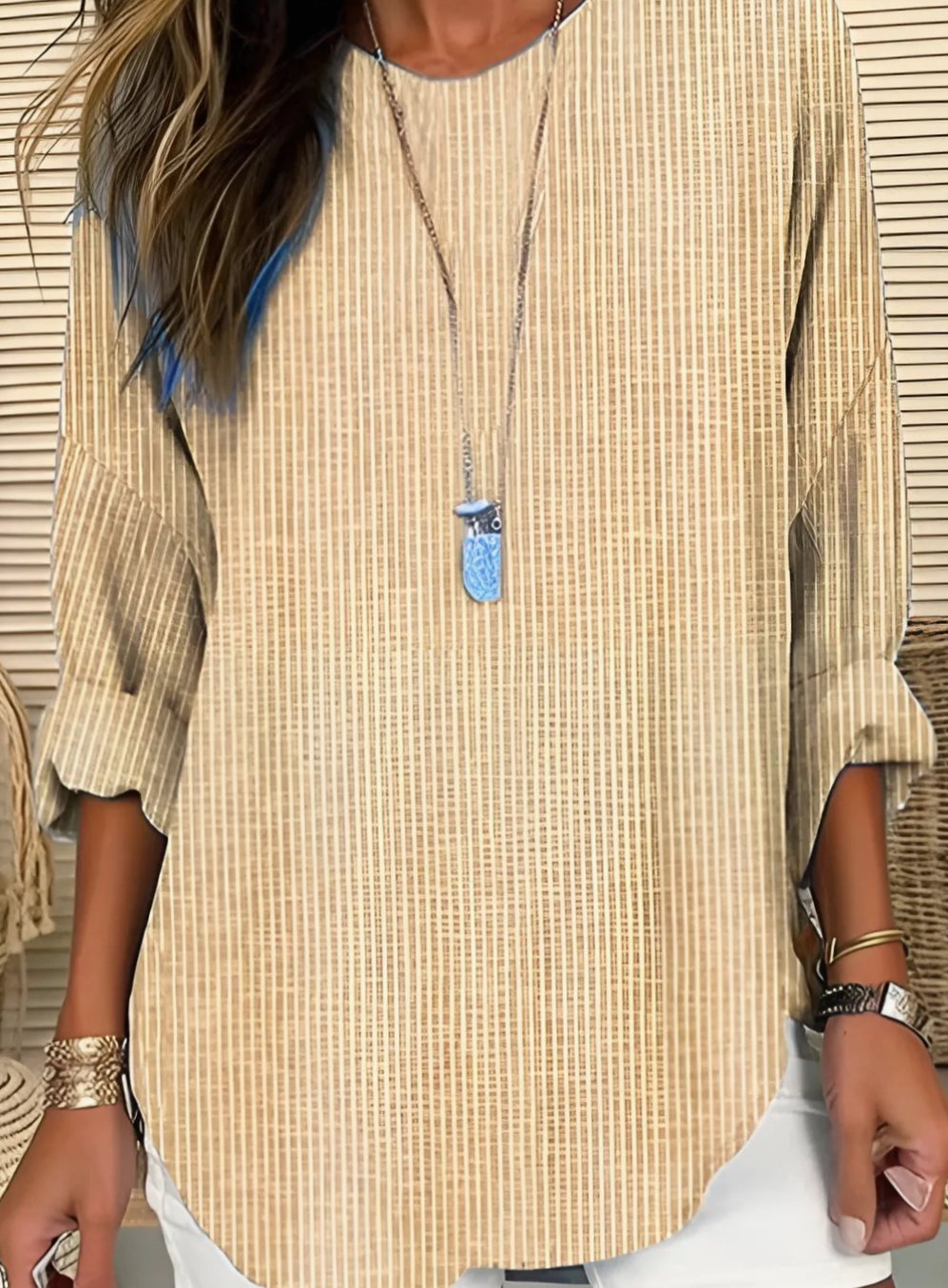 Women's Relaxed-Fit Striped Round-Neck Long-Sleeve Blouse - Khaki
