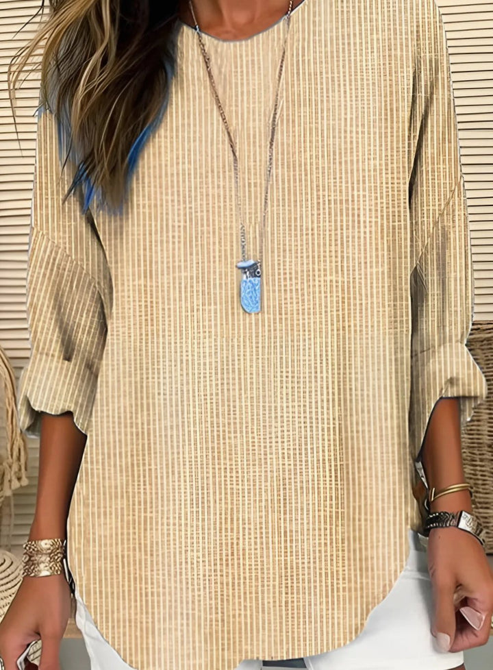 Women's Relaxed-Fit Striped Round-Neck Long-Sleeve Blouse - Khaki