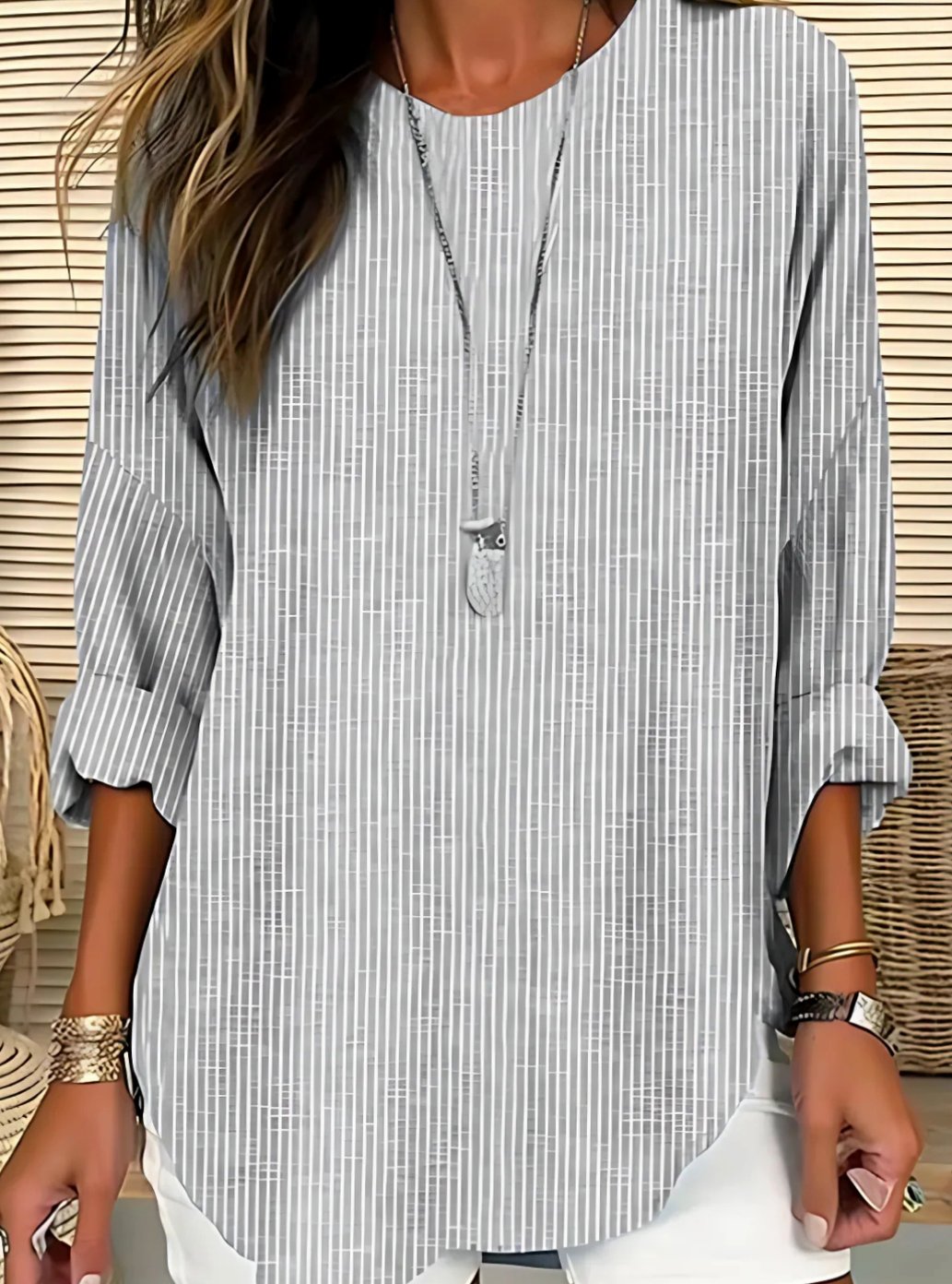 Women's Relaxed-Fit Striped Round-Neck Long-Sleeve Blouse - Grey