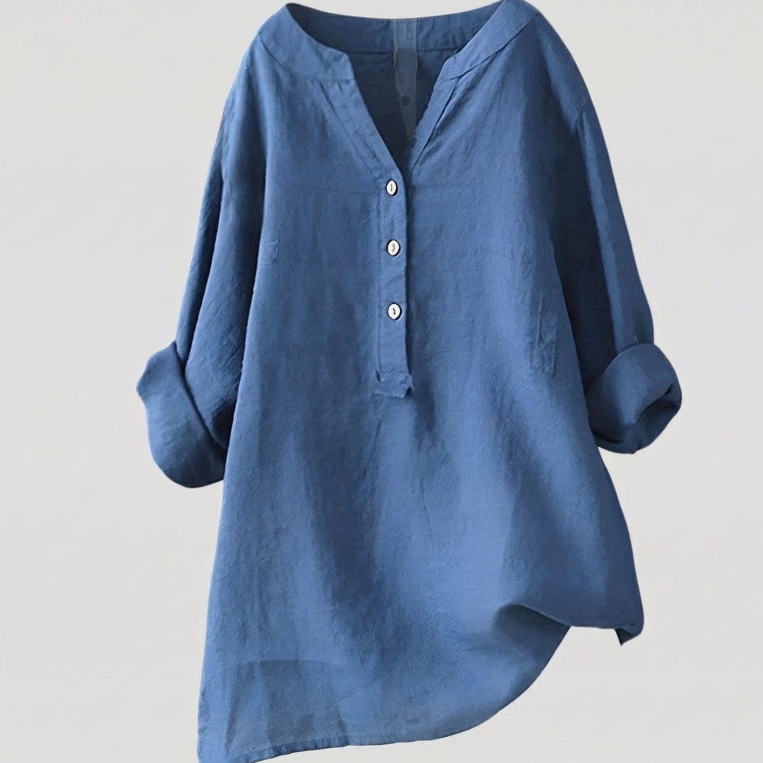 Women's Relaxed-Fit V-Neck Button-Down Linen Shirt - Royal Blue