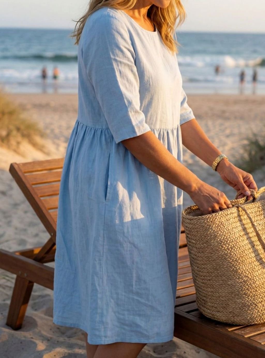 Women's Relaxed Gathered-Waist Half-Sleeve Linen Midi Dress