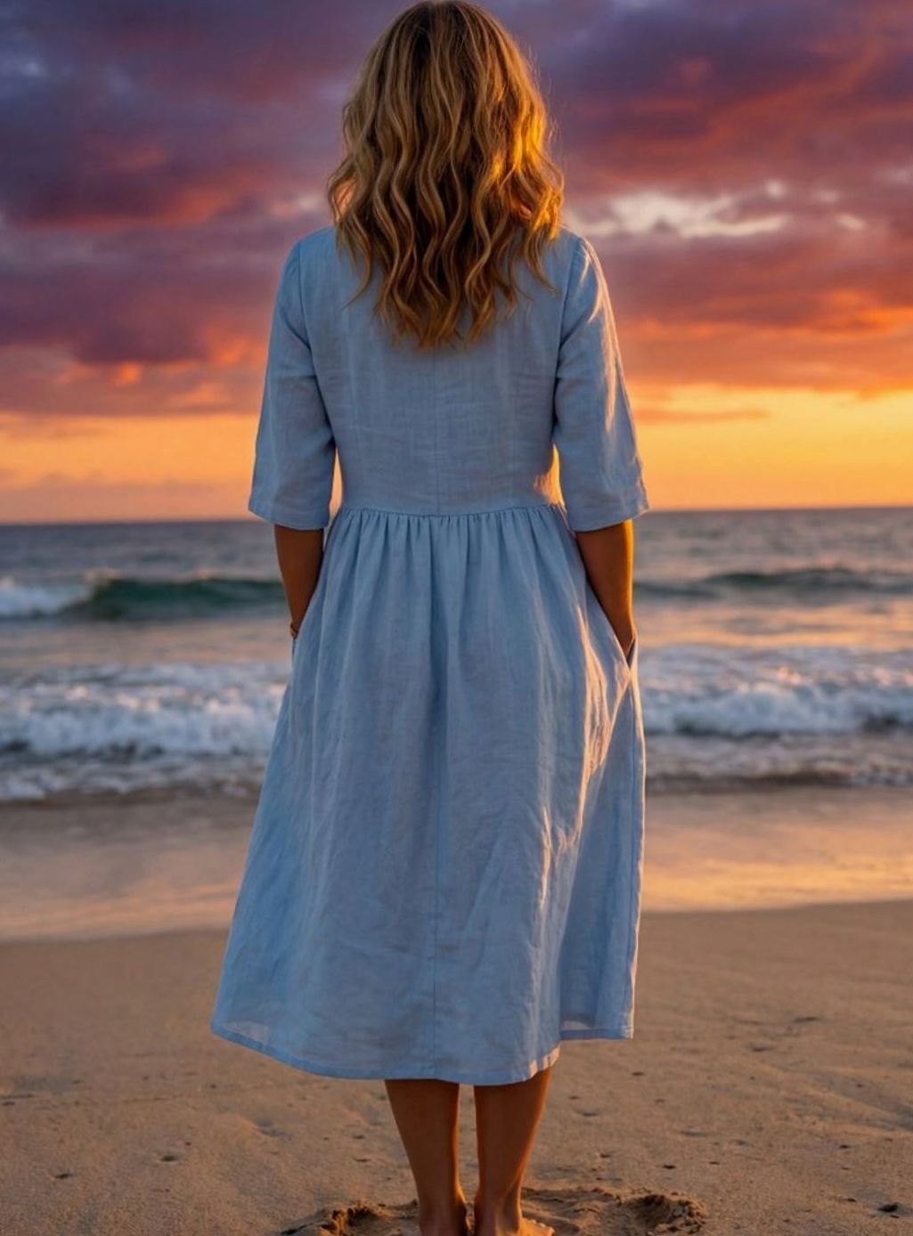Women's Relaxed Gathered-Waist Half-Sleeve Linen Midi Dress