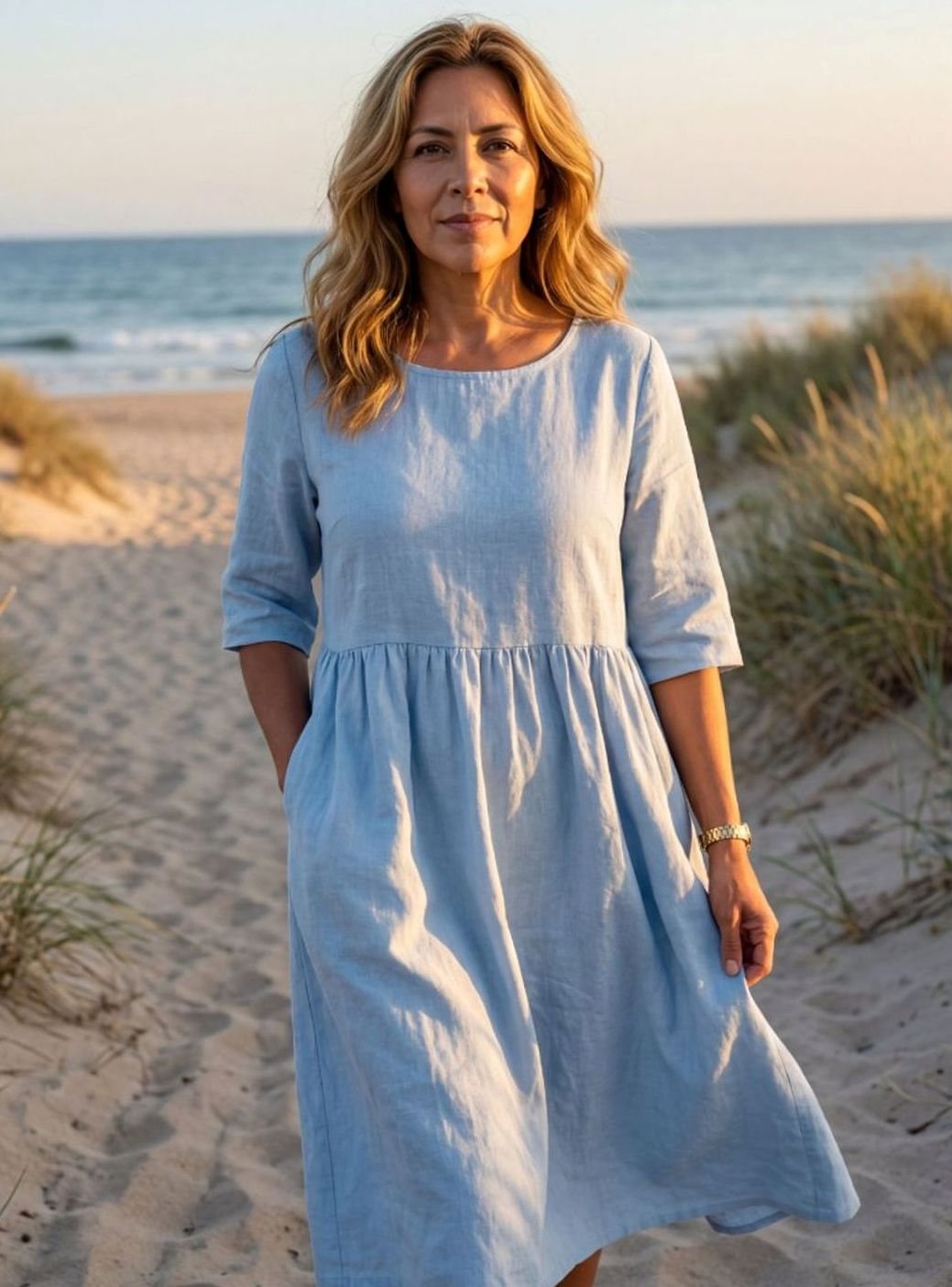 Women's Relaxed Gathered-Waist Linen Midi Dress Pockets