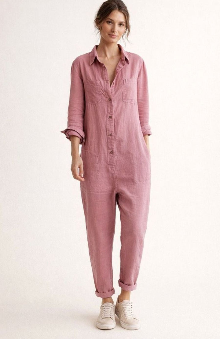 Women's Relaxed Linen Long-Sleeve Vintage Boilersuit Jumpsuit