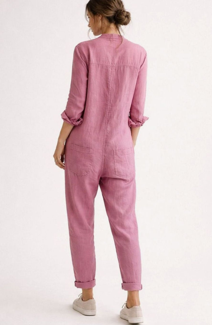 Women's Relaxed Linen Long-Sleeve Vintage Boilersuit Jumpsuit