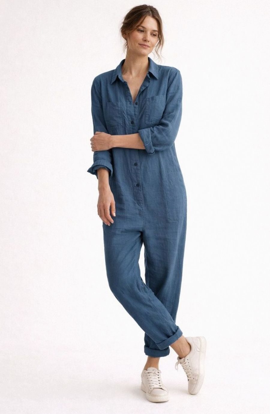 Women's Relaxed Linen Long-Sleeve Vintage Boilersuit Jumpsuit
