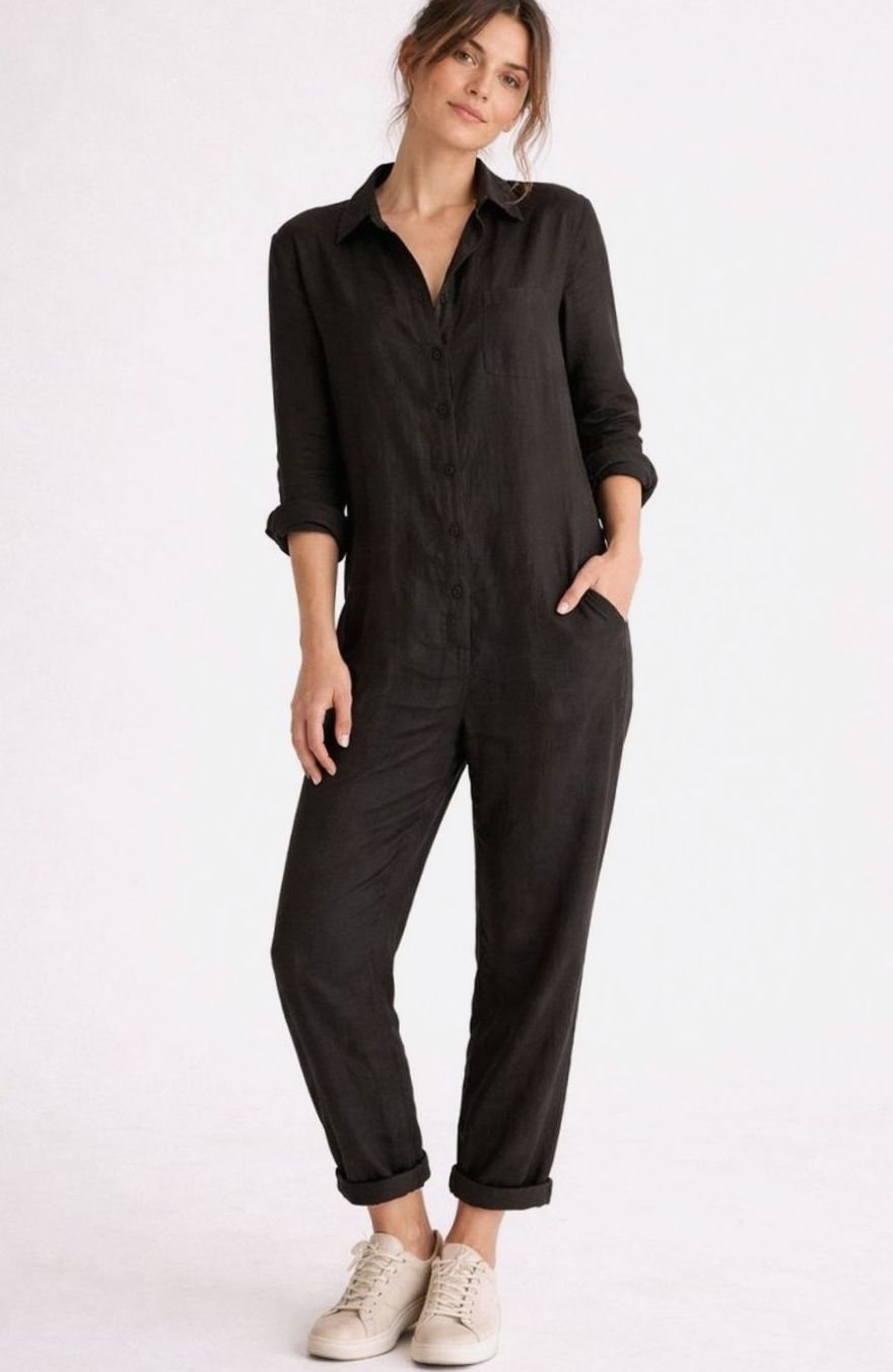 Women's Relaxed Linen Long-Sleeve Vintage Boilersuit Jumpsuit, Pink