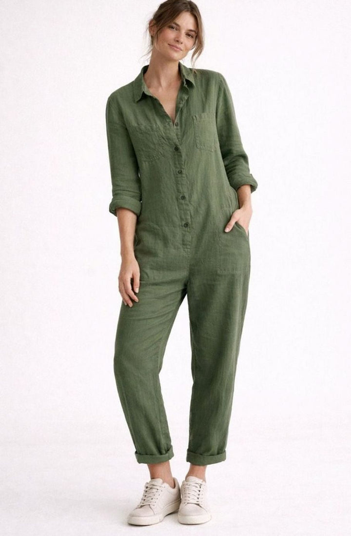 Women's Relaxed Linen Long-Sleeve Vintage Boilersuit Jumpsuit