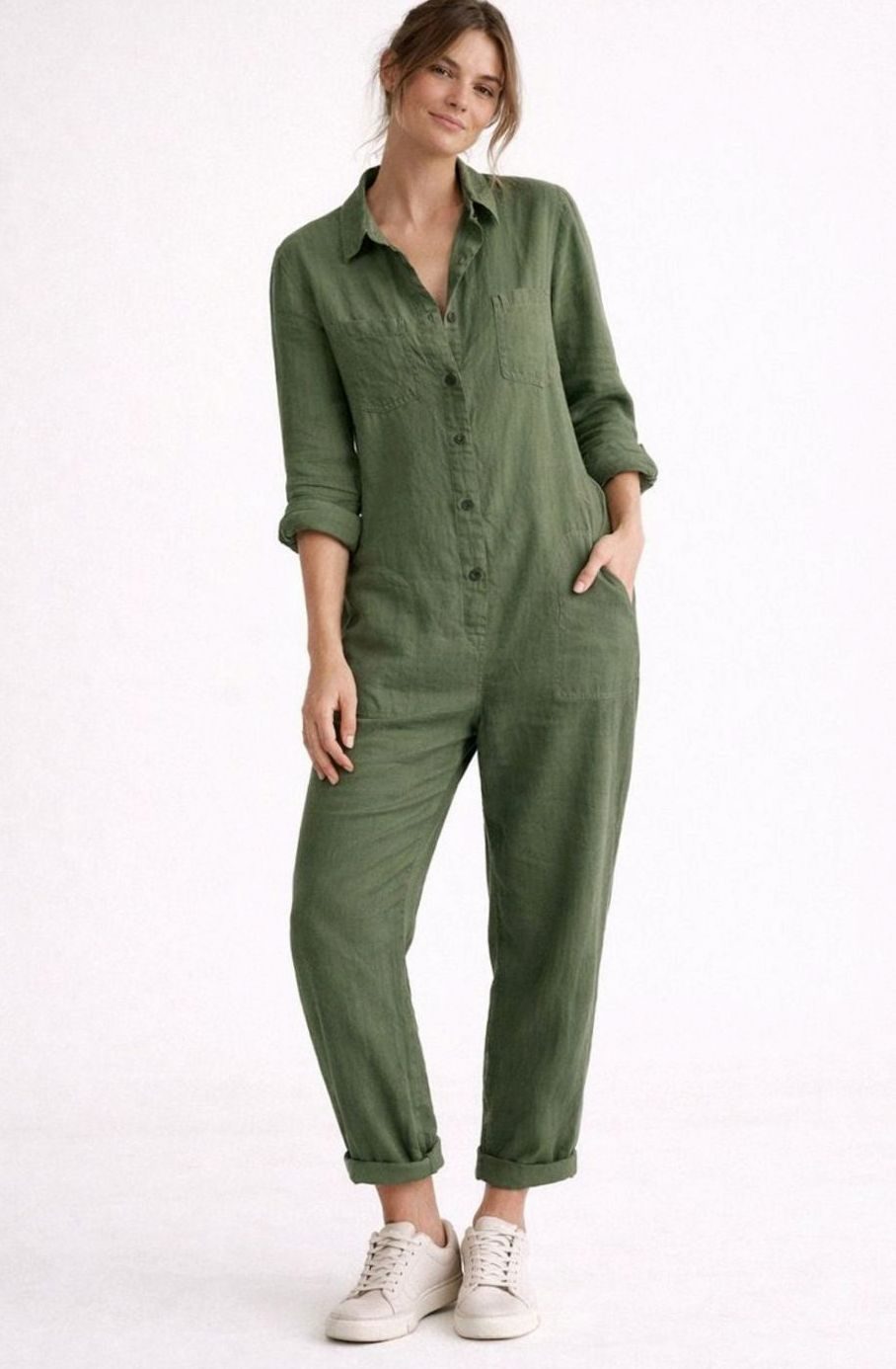 Women's Relaxed Linen Long-Sleeve Vintage Boilersuit Jumpsuit, Pink