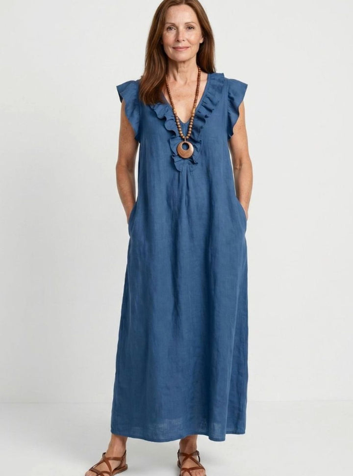 Women's Relaxed Linen Ruffle V-Neck Maxi Dress