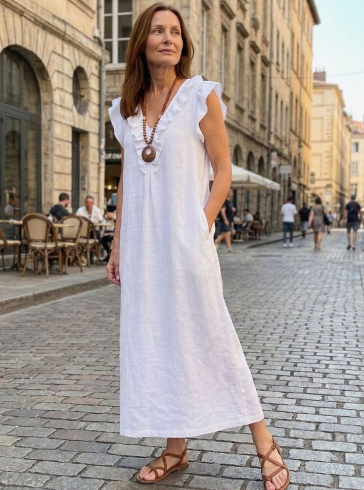 Women's Relaxed Linen Ruffle V-Neck Maxi Dress