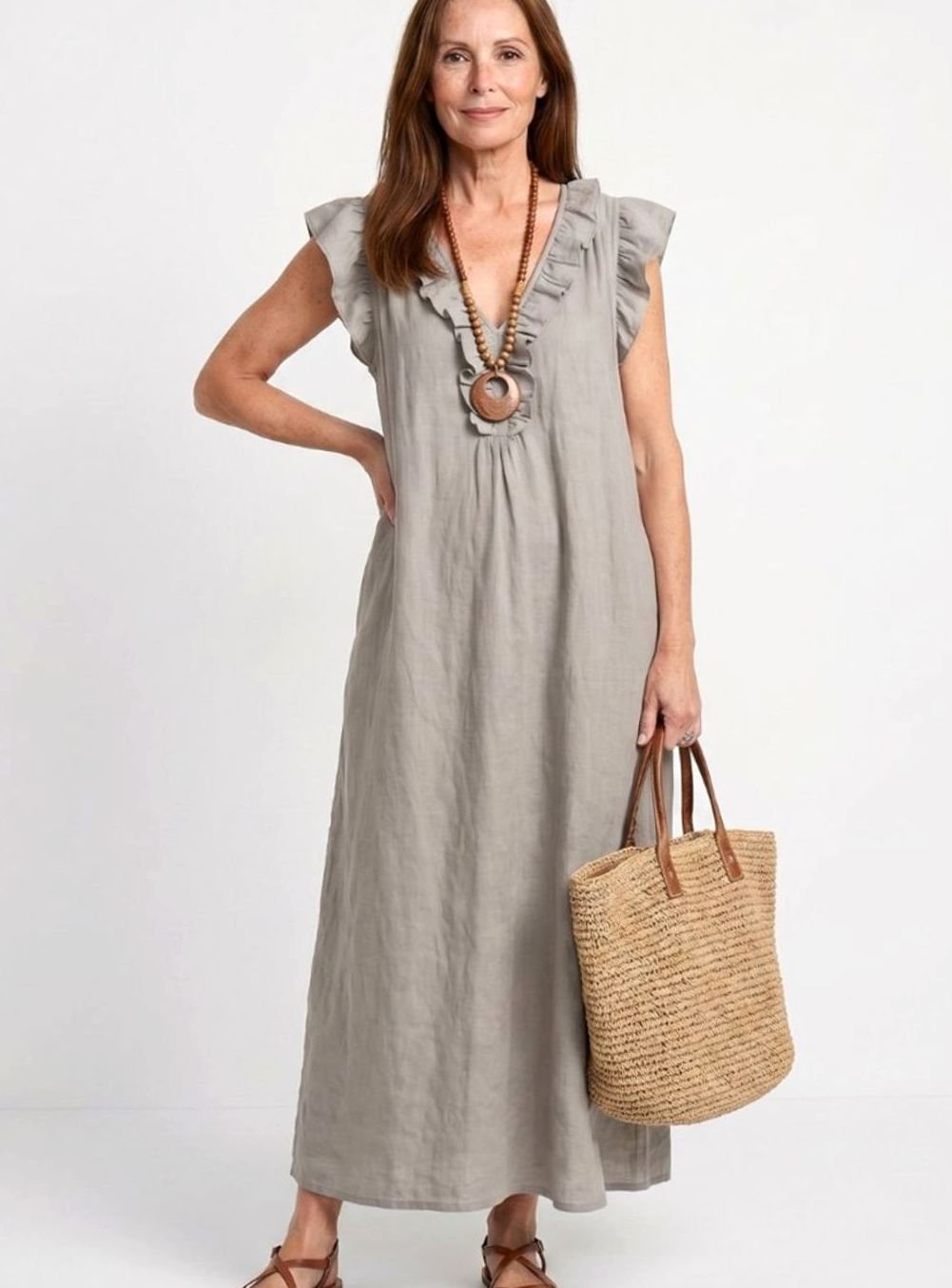 Women's Relaxed Linen Ruffle V-Neck Maxi Dress