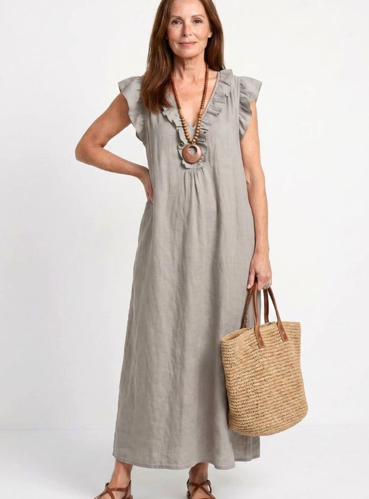 Women's Relaxed Linen Ruffle V-Neck Maxi Dress