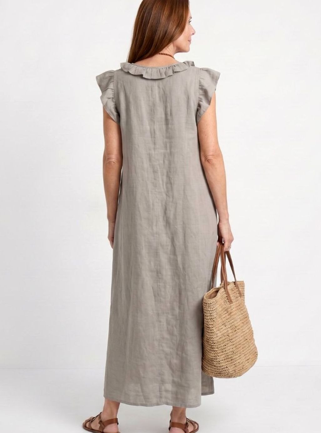 Women's Relaxed Linen Ruffle V-Neck Maxi Dress