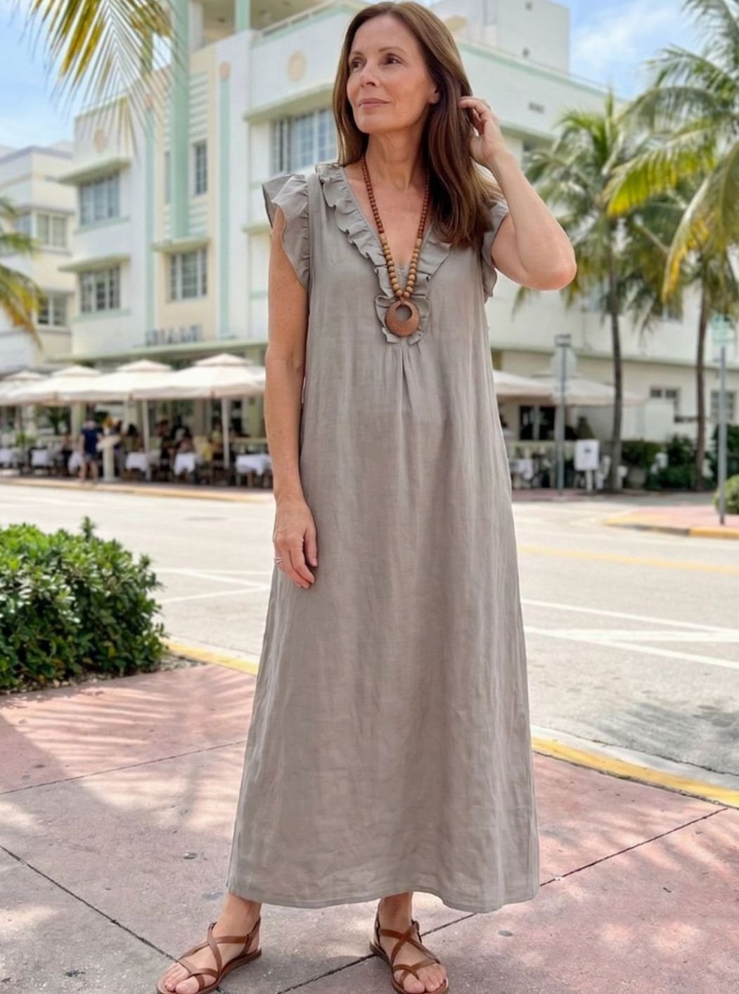 Women's Relaxed Linen Ruffle V-Neck Maxi Dress