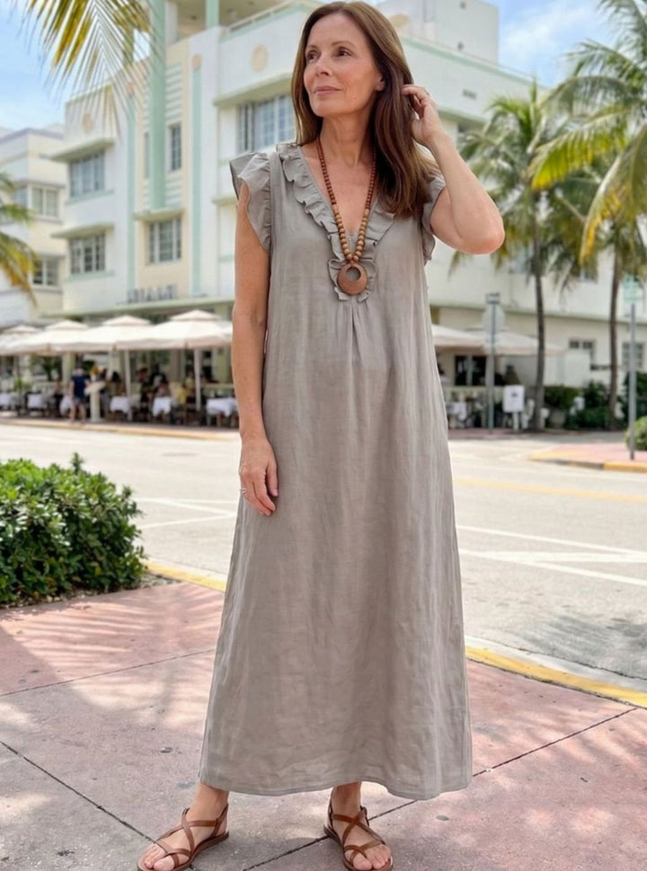 Women's Relaxed Linen Ruffle V-Neck Maxi Dress