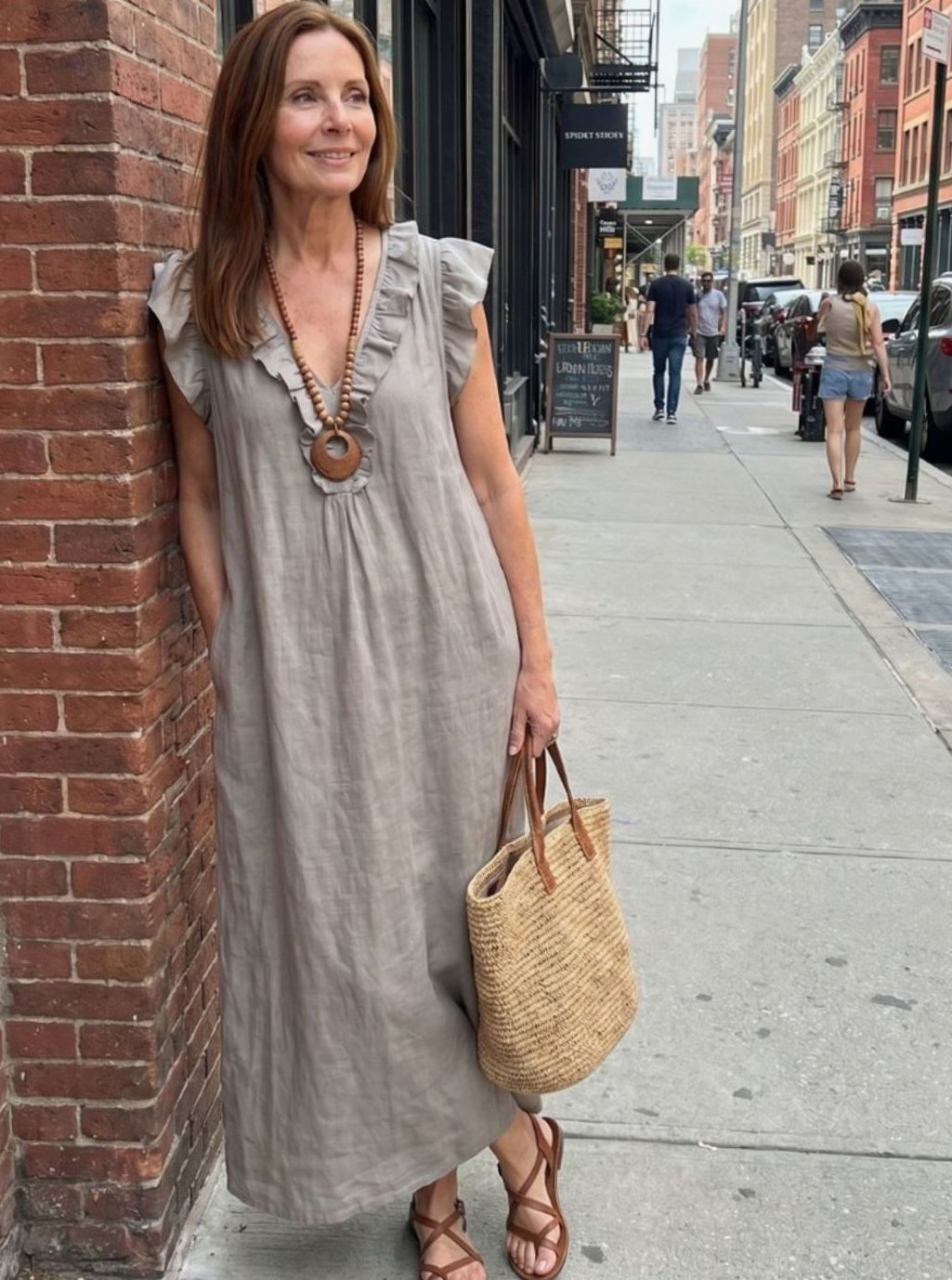 Women's Relaxed Linen Ruffle V-Neck Maxi Dress