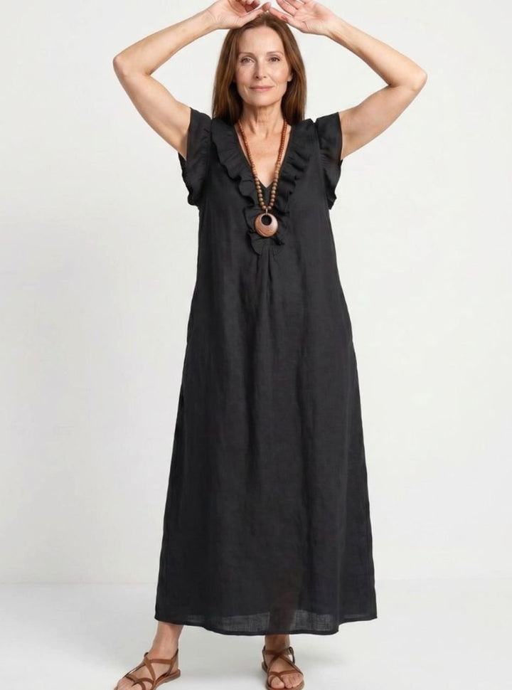 Women's Relaxed Linen Ruffle V-Neck Maxi Dress