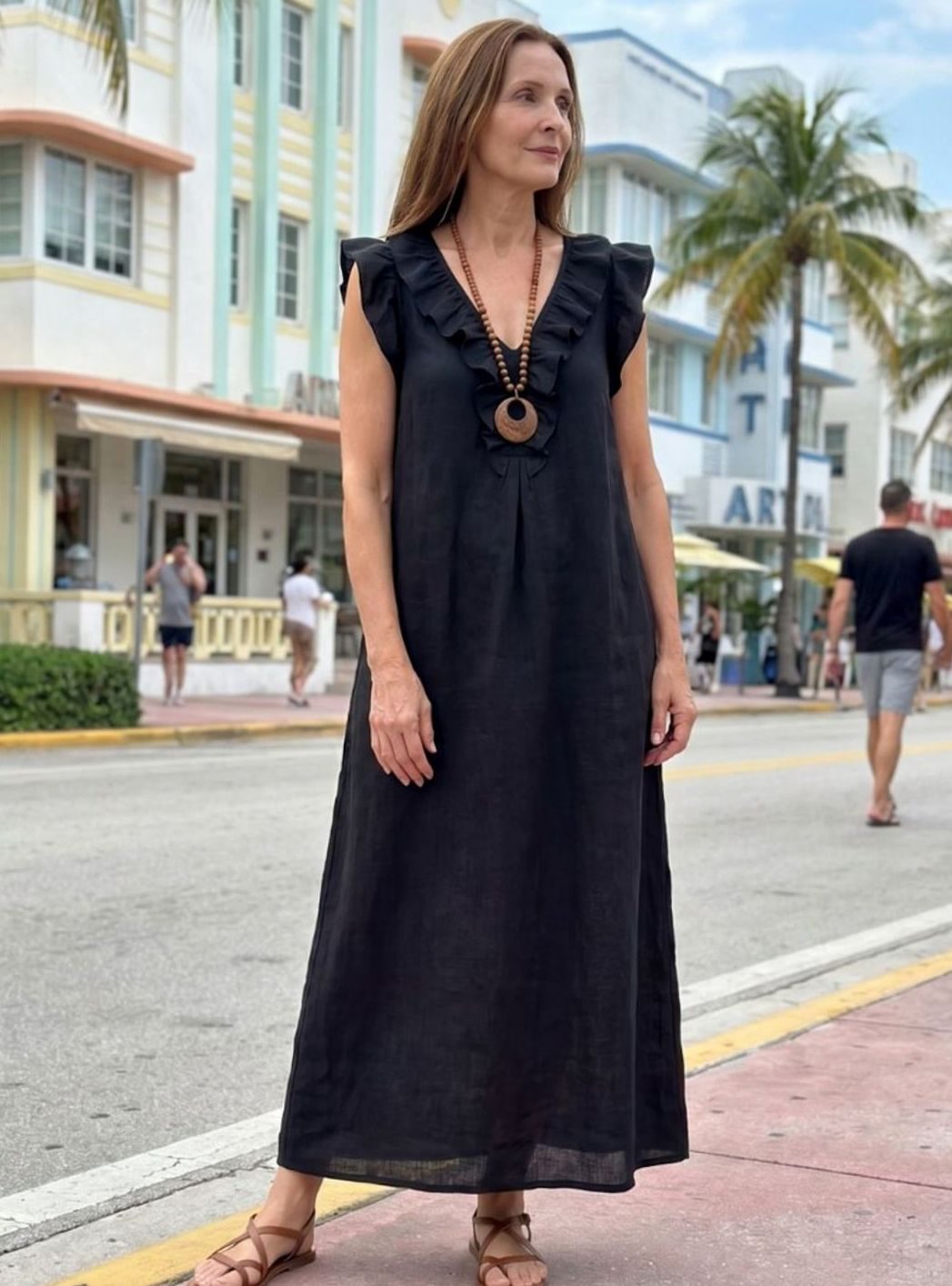 Women's Relaxed Linen Ruffle V-Neck Maxi Dress