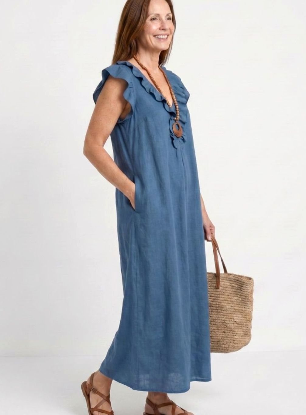 Women's Relaxed Linen Ruffle V-Neck Maxi Dress