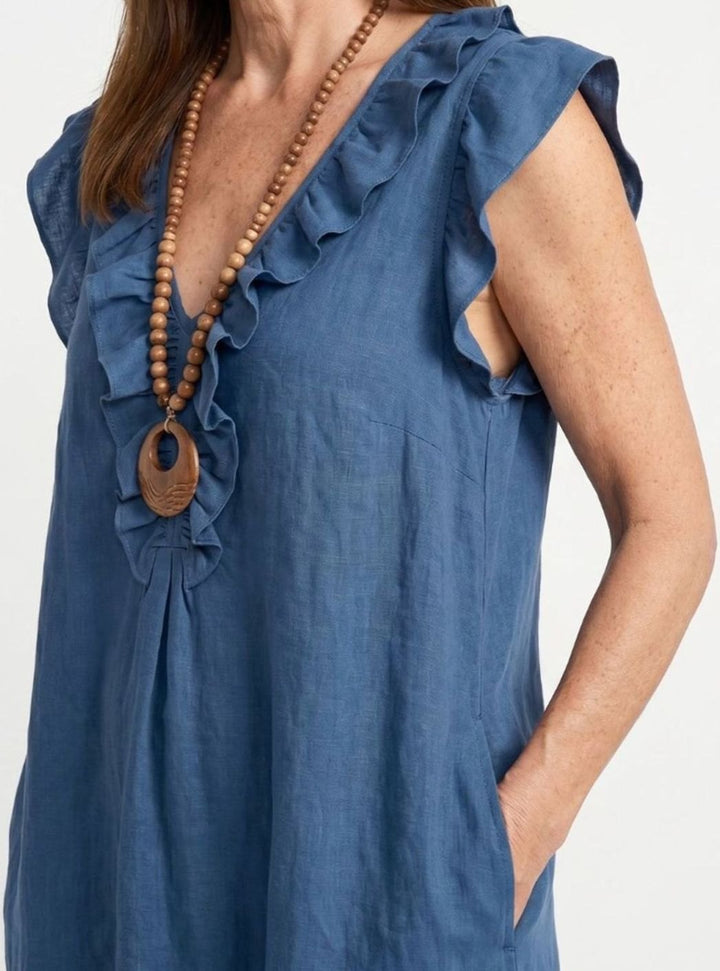 Women's Relaxed Linen Ruffle V-Neck Maxi Dress