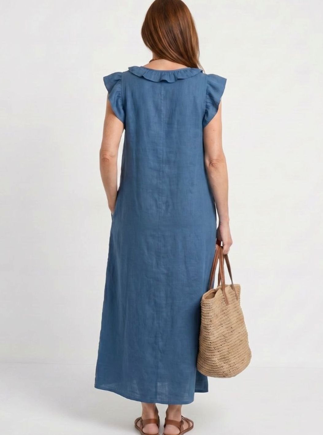 Women's Relaxed Linen Ruffle V-Neck Maxi Dress