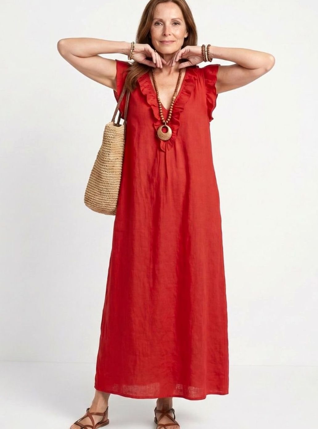 Women's Relaxed Linen Ruffle V-Neck Maxi Dress