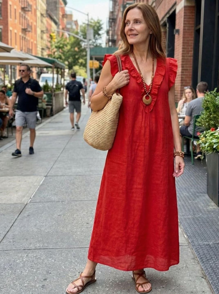 Women's Relaxed Linen Ruffle V-Neck Maxi Dress