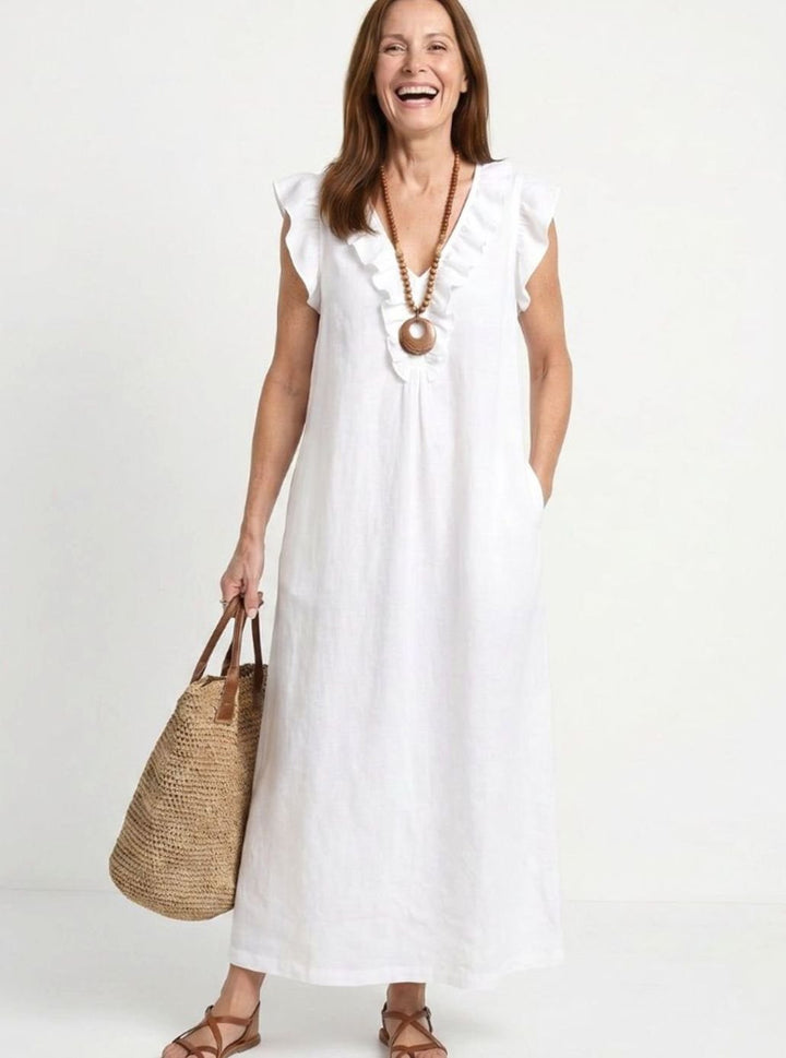 Women's Relaxed Linen Ruffle V-Neck Maxi Dress