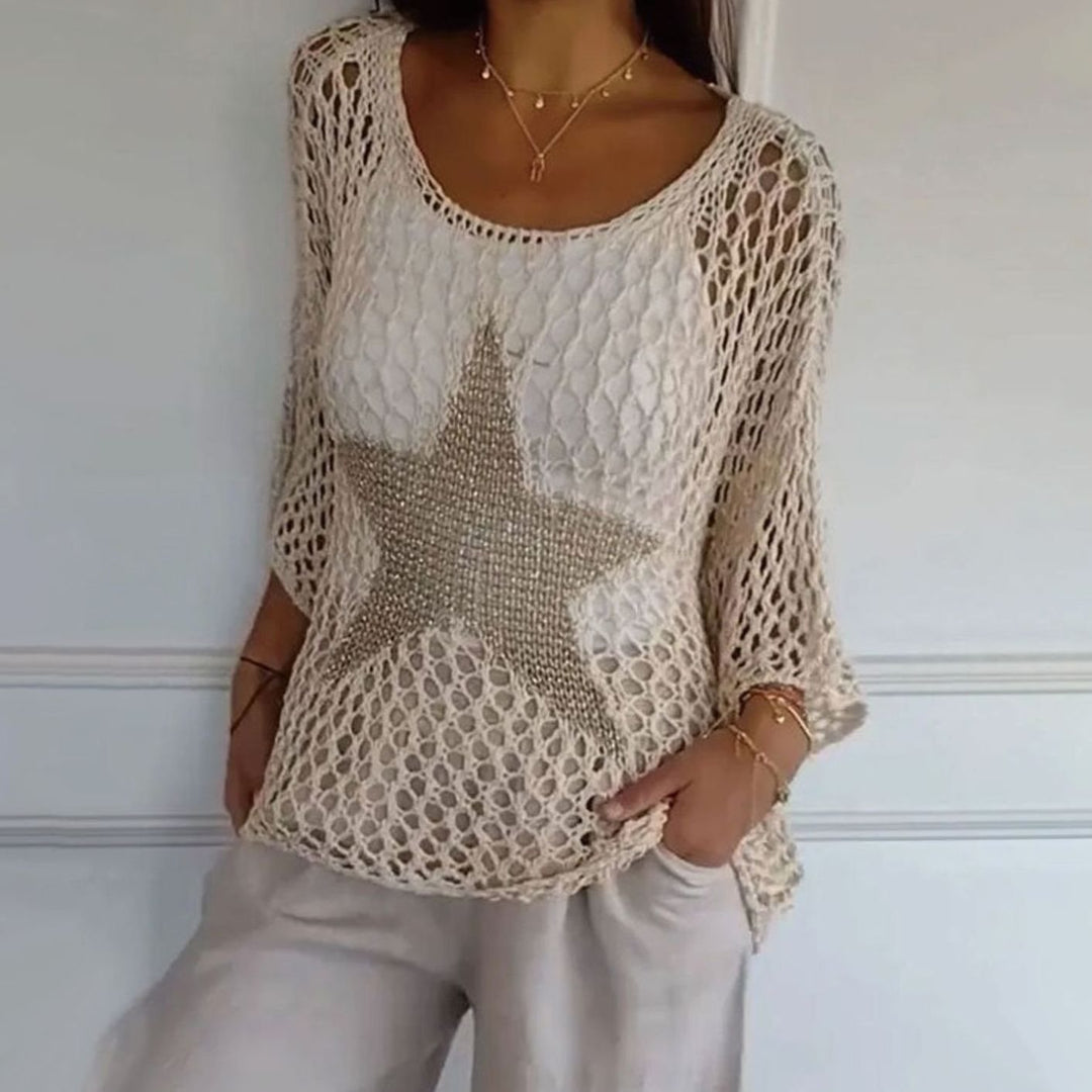 Women's Relaxed Open-Knit Mesh Oversized Jumper Top - Apricot