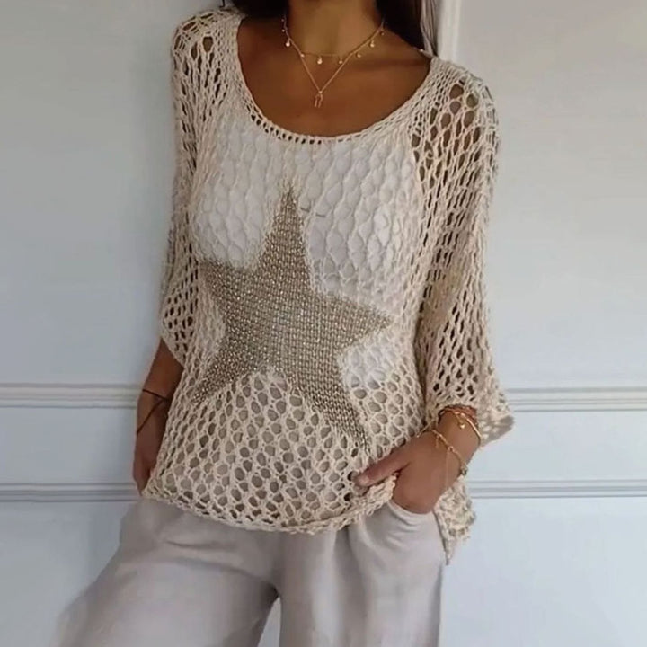 Women's Relaxed Open-Knit Mesh Oversized Jumper Top - Apricot