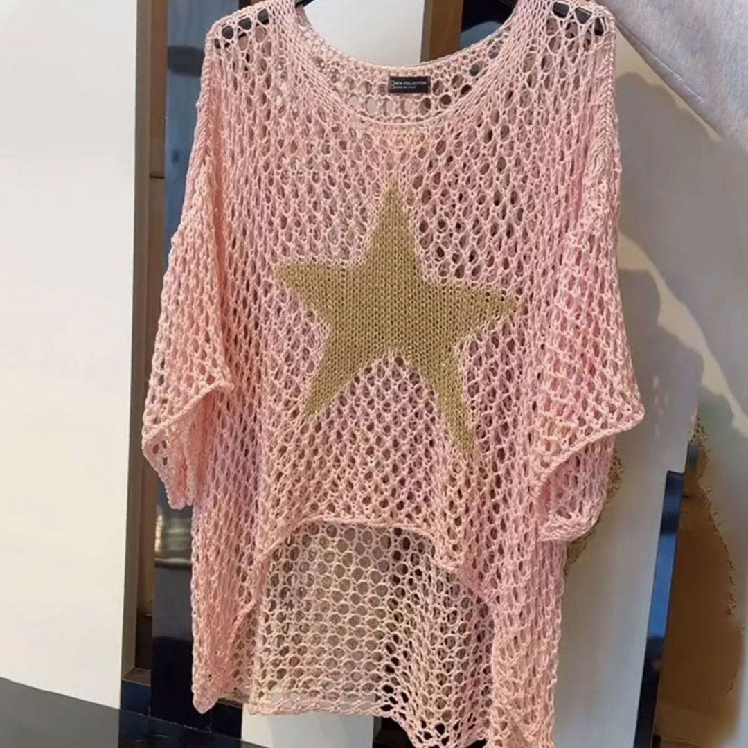 Women's Relaxed Open-Knit Mesh Oversized Jumper Top - Pink