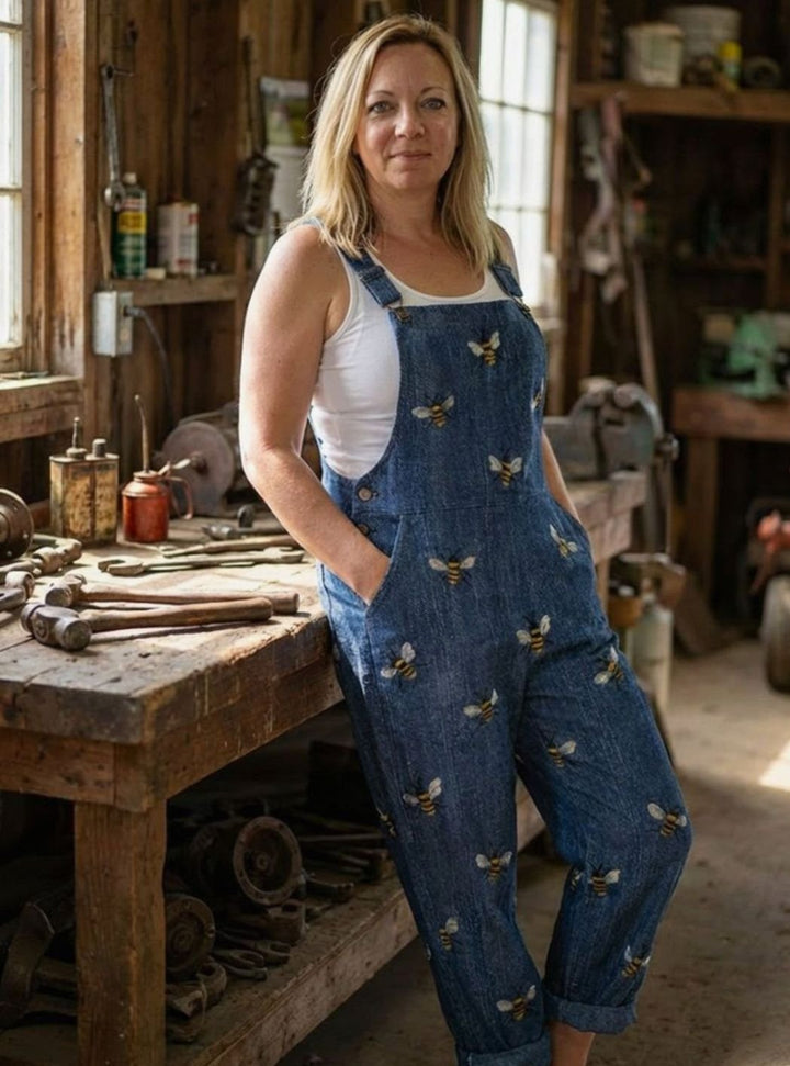 Women's Relaxed Straight-Leg Bee Print Denim Dungarees