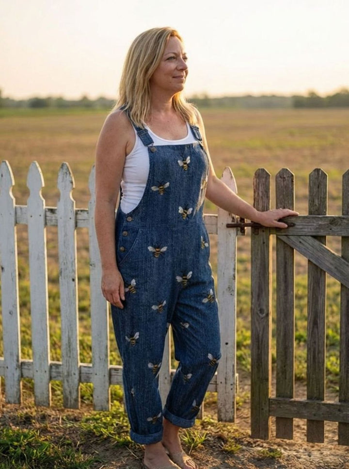 Women's Relaxed Straight-Leg Bee Print Denim Dungarees