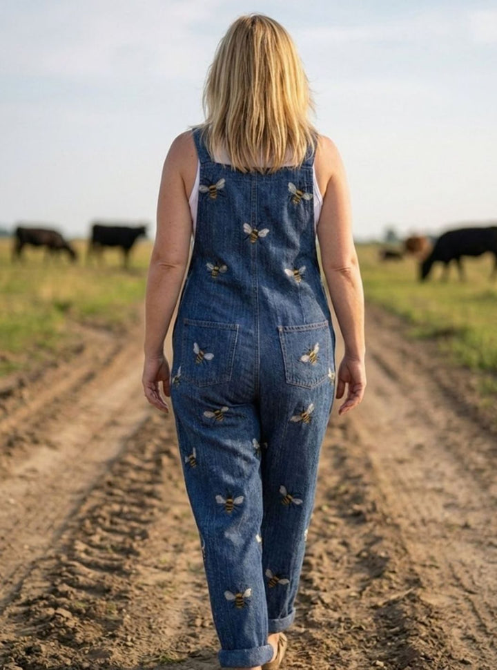 Women's Relaxed Straight-Leg Bee Print Denim Dungarees