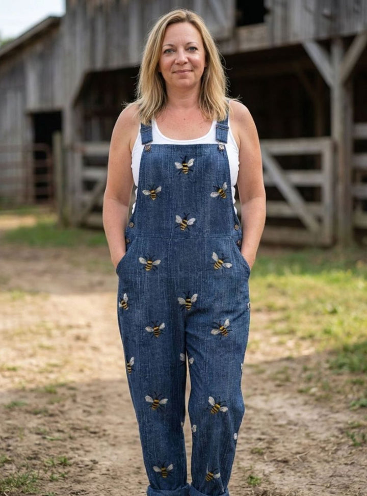 Women's Relaxed Straight-Leg Bee Print Denim Dungarees, Blue