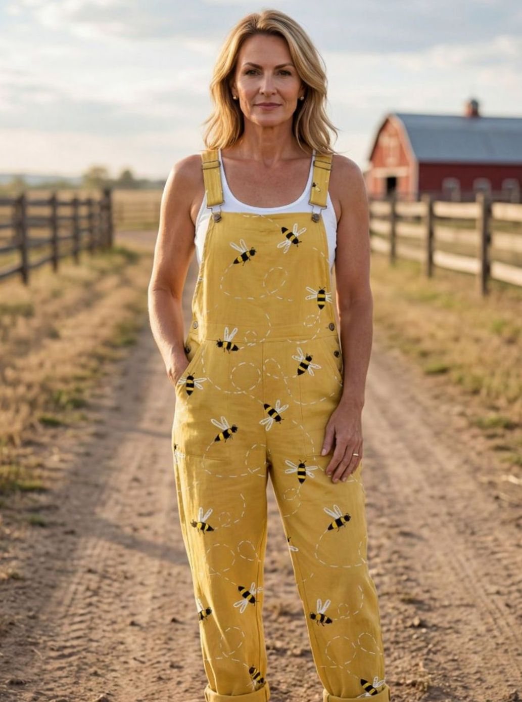 Women's Relaxed Straight-Leg Bee Print Wide-Strap Jumpsuit