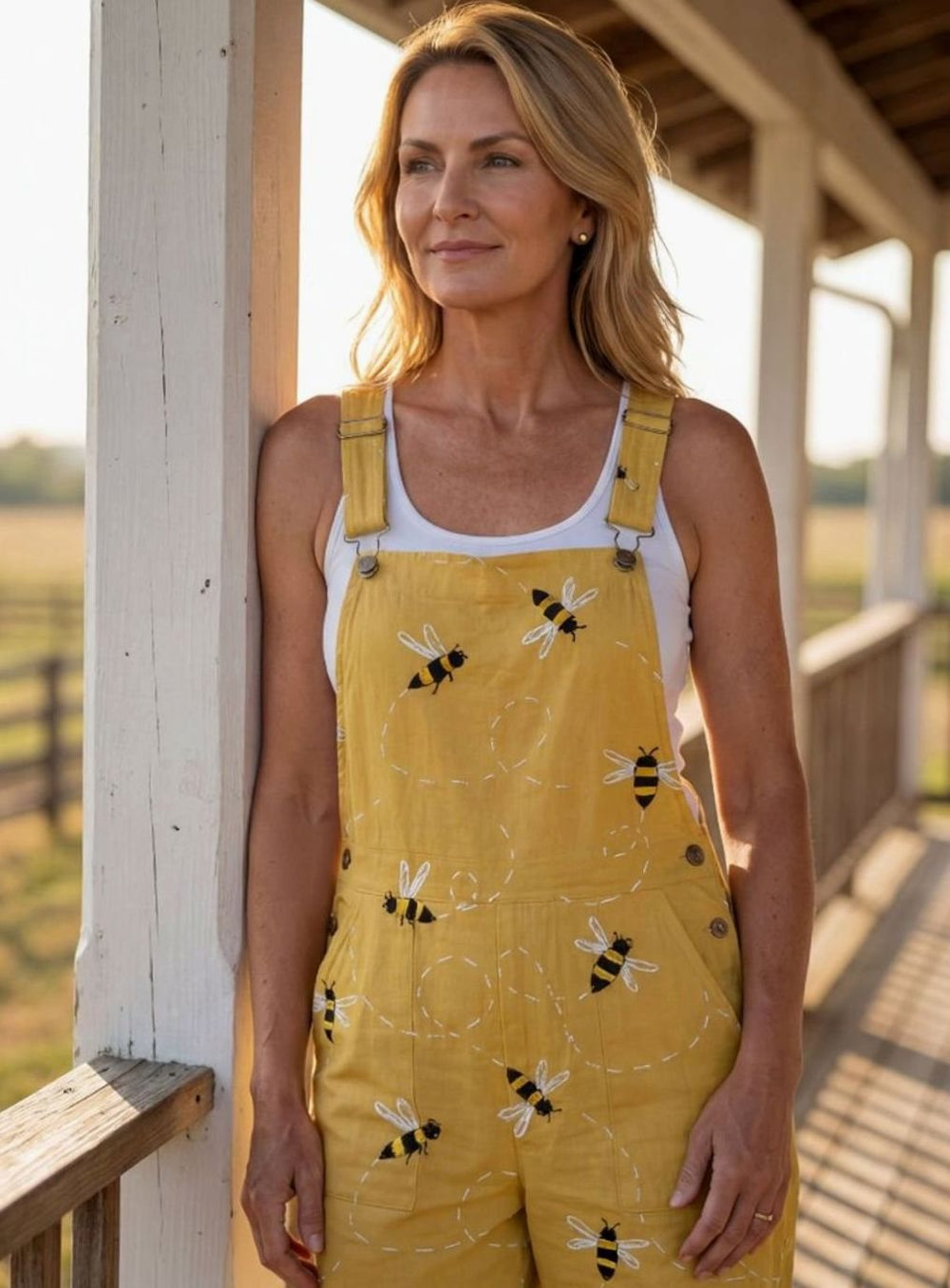 Women's Relaxed Straight-Leg Bee Print Wide-Strap Jumpsuit, Yellow