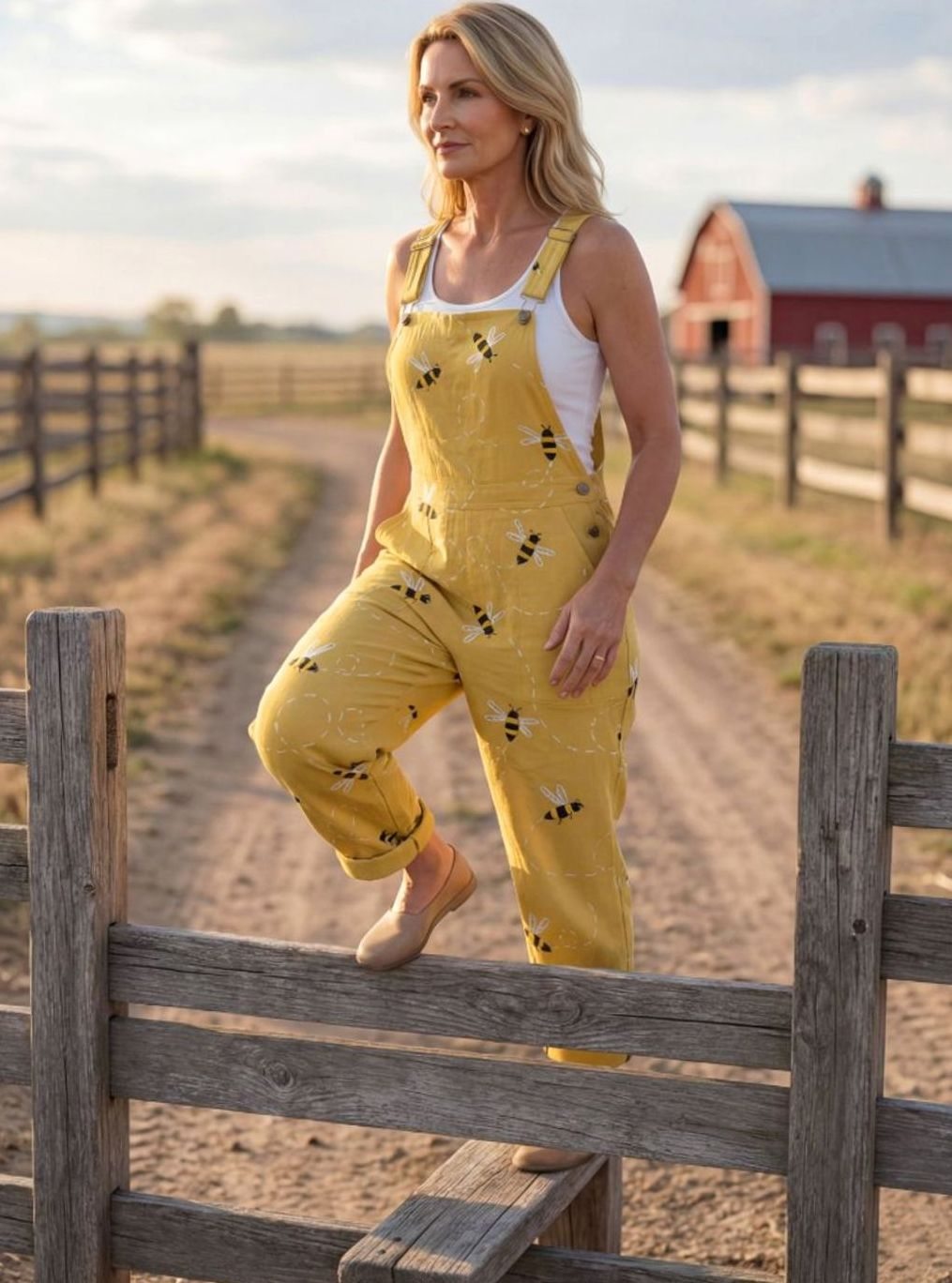 Women's Relaxed Straight-Leg Bee Print Wide-Strap Jumpsuit, Yellow