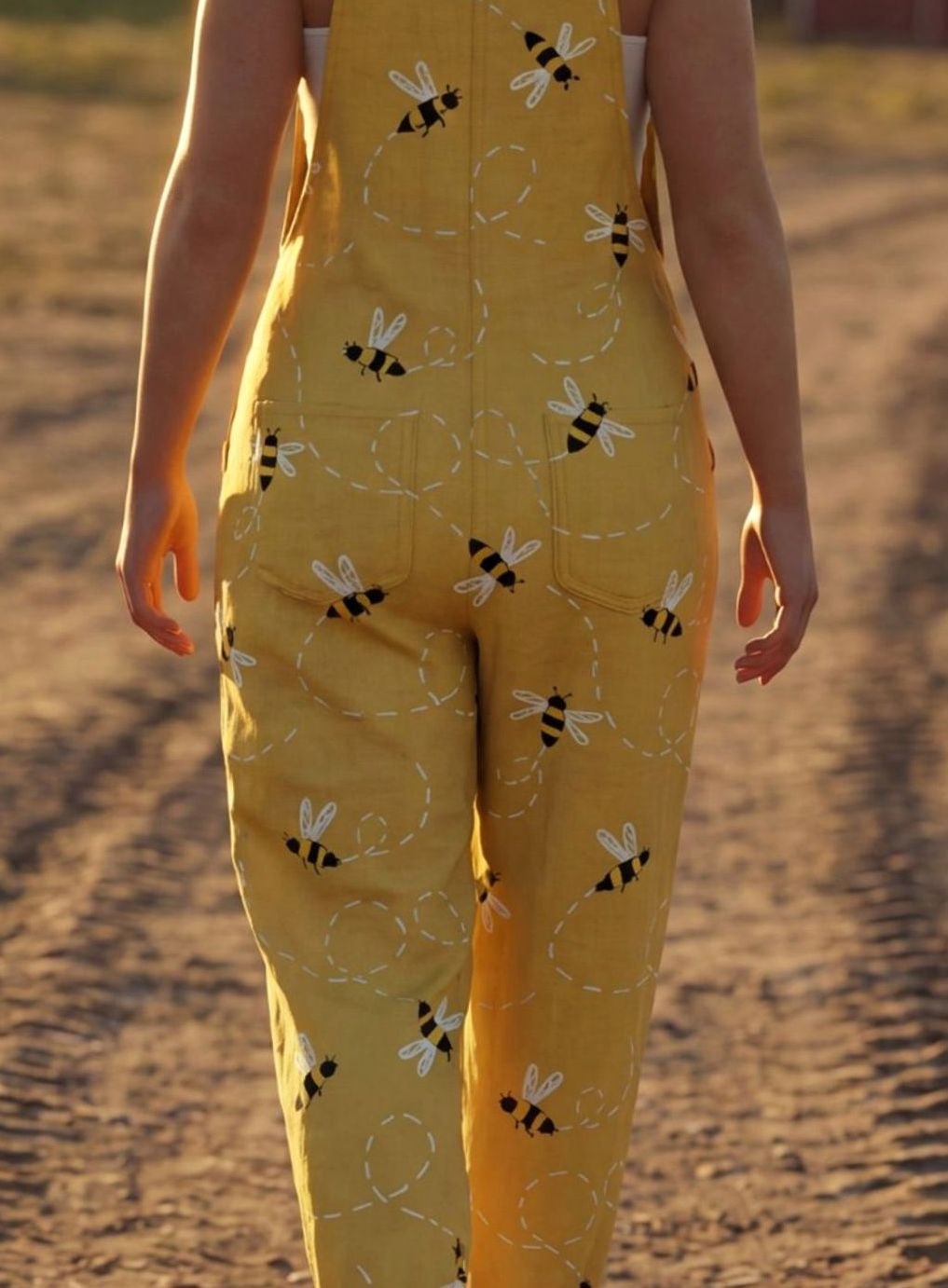 Women's Relaxed Straight-Leg Bee Print Wide-Strap Jumpsuit, Yellow