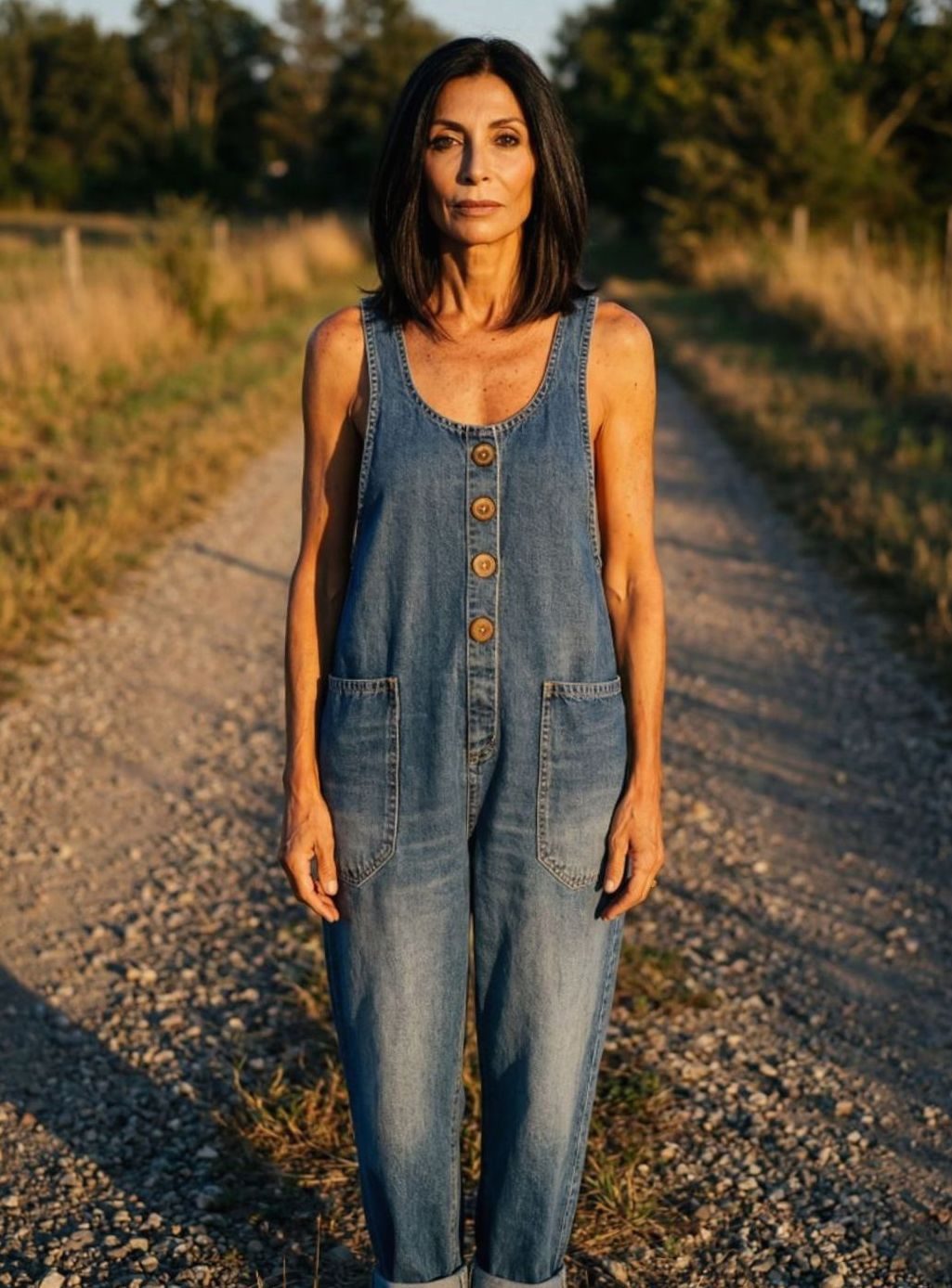 Women's Relaxed Straight-Leg Button-Front Denim Jumpsuit