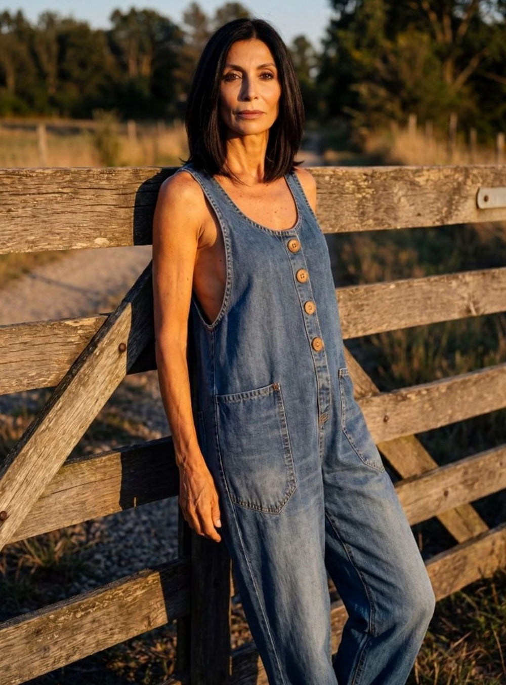 Women's Relaxed Straight-Leg Button-Front Denim Jumpsuit