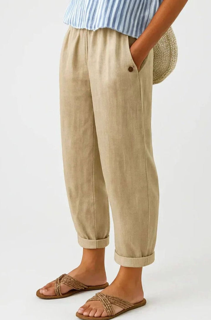 Women's Relaxed Straight-Leg Elastic-Waist Linen Trousers - Beige