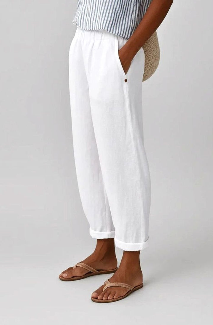 Women's Relaxed Straight-Leg Elastic-Waist Linen Trousers - White